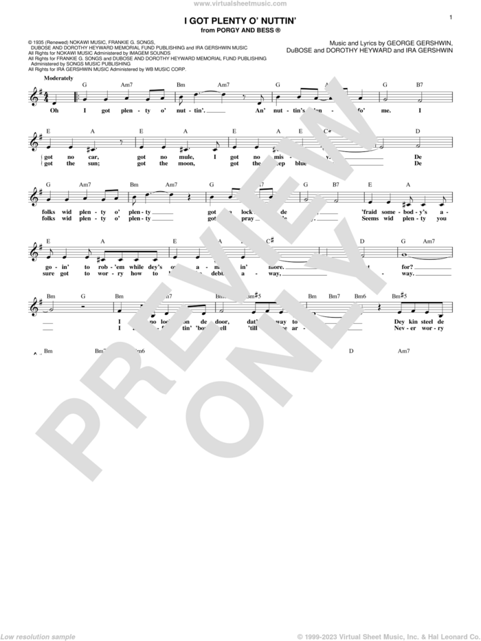 I Got Plenty O' Nuttin' sheet music for voice and other instruments (fake book) by Dorothy Heyward, DuBose Heyward, George Gershwin and Ira Gershwin, intermediate skill level