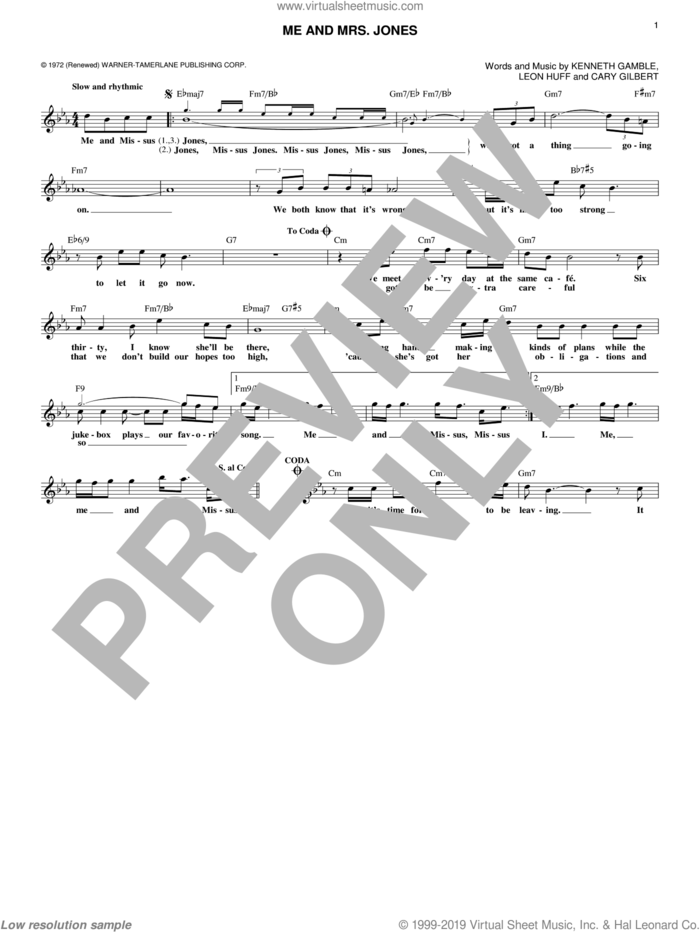 Me And Mrs. Jones sheet music for voice and other instruments (fake book) by Kenneth Gamble, Cary Gilbert and Leon Huff, intermediate skill level