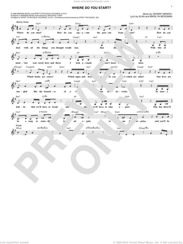 Where Do You Start? sheet music for voice and other instruments (fake book) by Johnny Mandel, Alan Bergman and Marilyn Bergman, intermediate skill level