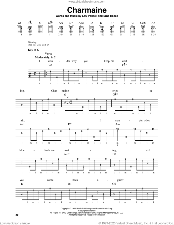 Charmaine sheet music for banjo solo by Lew Pollack, The Four Freshmen and Erno Rapee, intermediate skill level