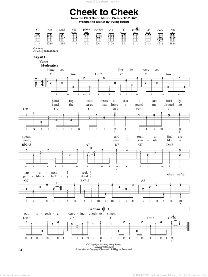 Cheek To Cheek sheet music for banjo solo by Irving Berlin and Fred Astaire, intermediate skill level