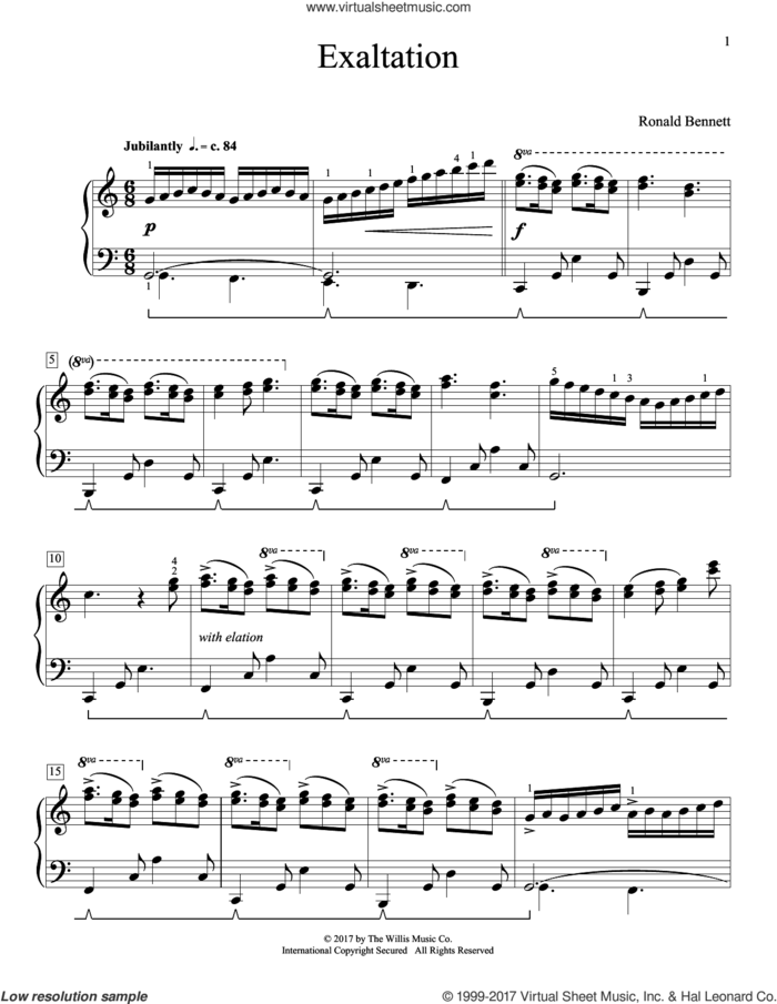 Exaltation sheet music for piano solo (elementary) by Ronald Bennett, beginner piano (elementary)