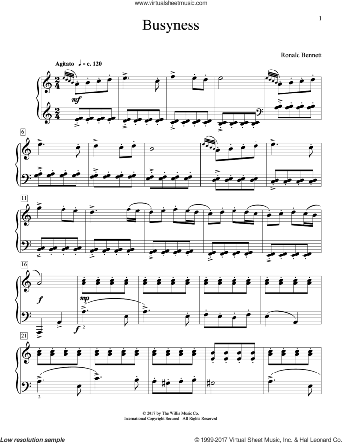 Busyness sheet music for piano solo (elementary) by Ronald Bennett, beginner piano (elementary)