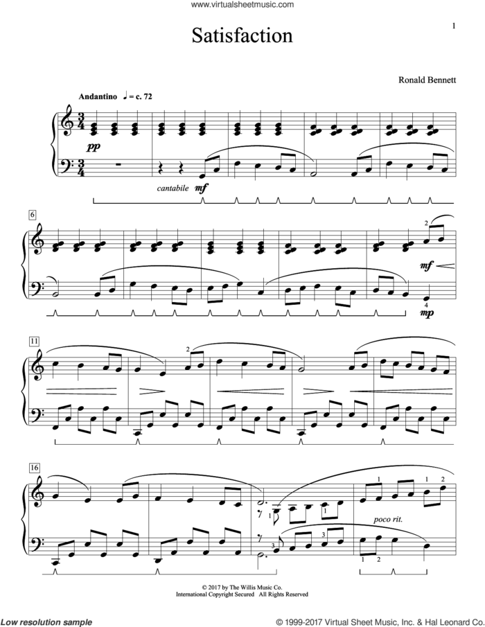 Satisfaction sheet music for piano solo (elementary) by Ronald Bennett, beginner piano (elementary)