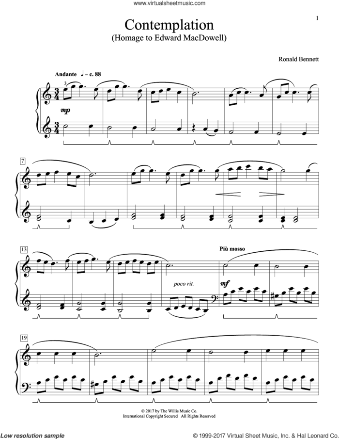 Contemplation (Homage To Edward MacDowell) sheet music for piano solo (elementary) by Ronald Bennett, beginner piano (elementary)