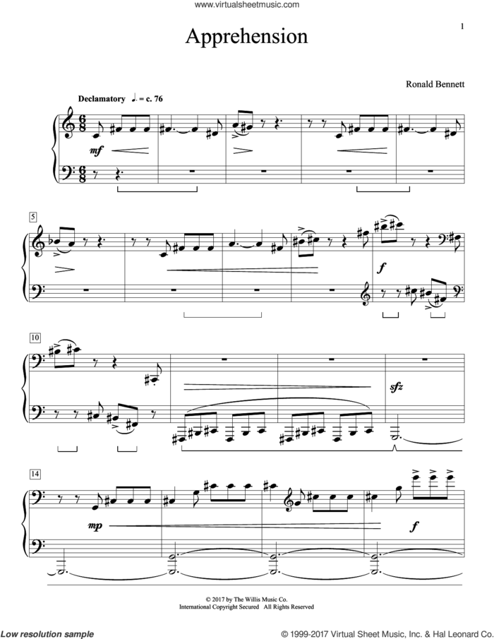 Apprehension sheet music for piano solo (elementary) by Ronald Bennett, beginner piano (elementary)