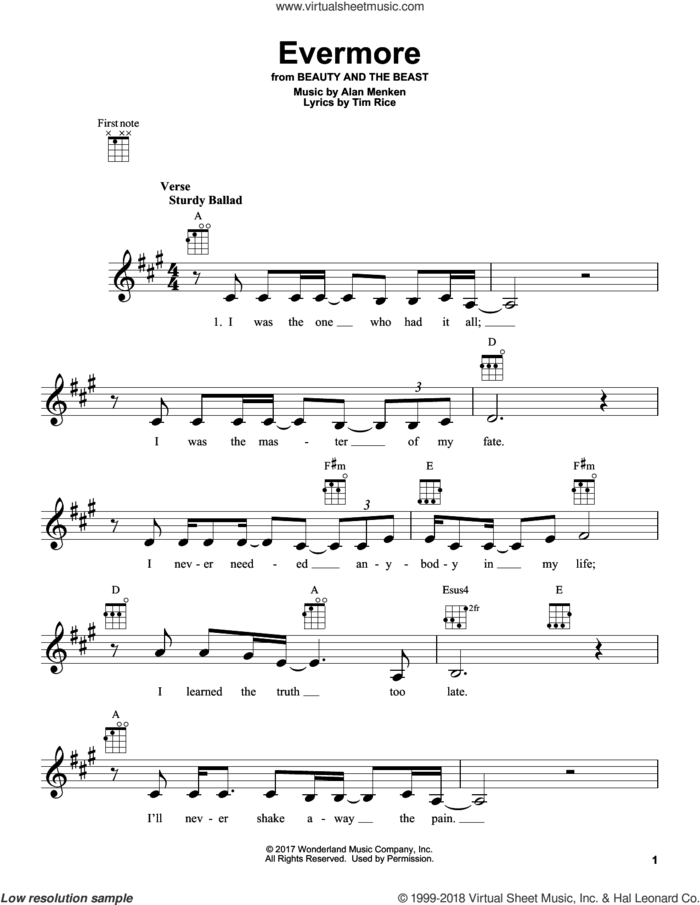 Evermore (from Beauty and the Beast) sheet music for ukulele by Josh Groban, Beauty and the Beast Cast, Howard Ashman, Alan Menken and Tim Rice, intermediate skill level