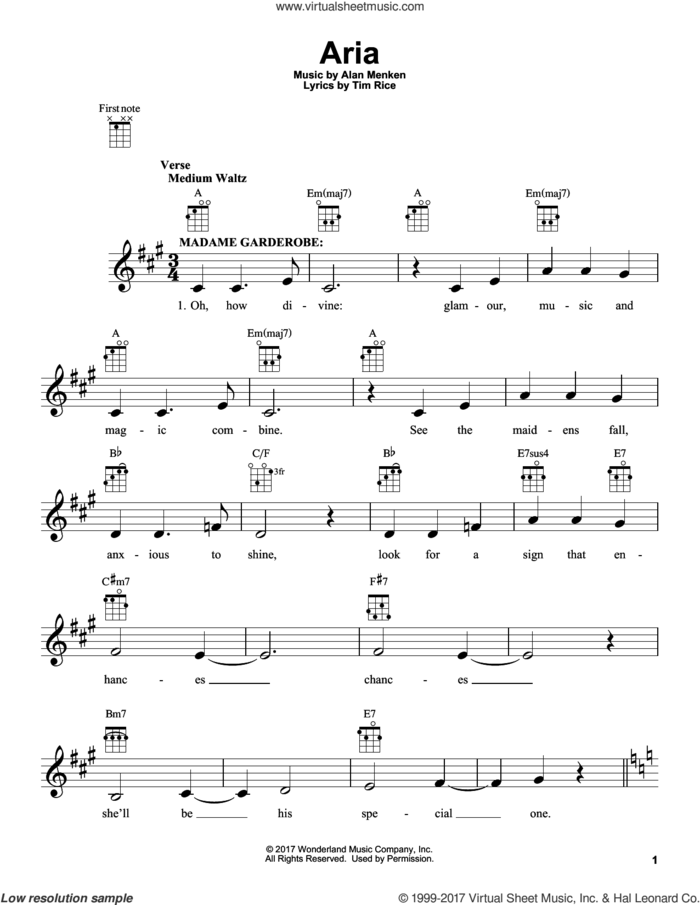 Aria (from Beauty And The Beast) sheet music for ukulele by Audra McDonald, Beauty and the Beast Cast, Howard Ashman, Alan Menken and Tim Rice, intermediate skill level