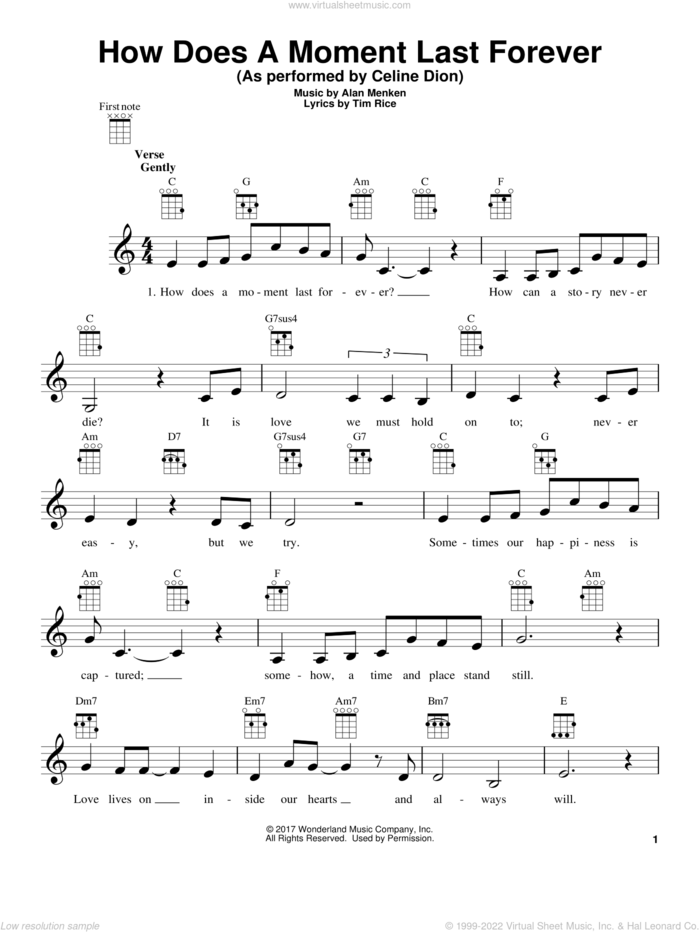 How Does A Moment Last Forever (from Beauty And The Beast) sheet music for ukulele by Celine Dion, Beauty and the Beast Cast, Howard Ashman, Alan Menken and Tim Rice, intermediate skill level