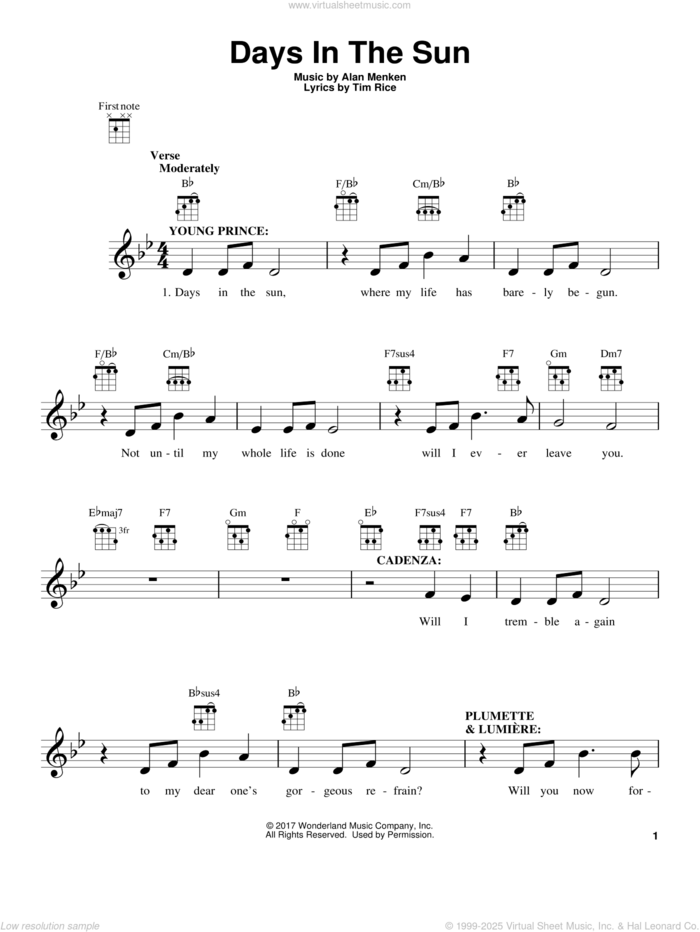 Days In The Sun (from Beauty And The Beast) sheet music for ukulele by Beauty and the Beast Cast, Howard Ashman, Alan Menken & Tim Rice, Alan Menken and Tim Rice, intermediate skill level