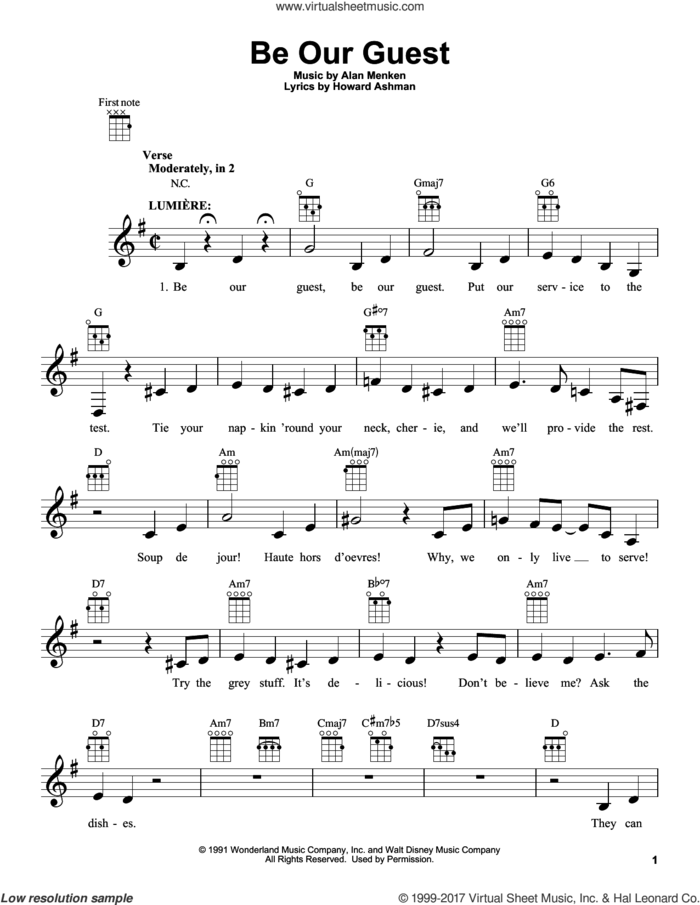 Be Our Guest (from Beauty And The Beast) sheet music for ukulele by Beauty and the Beast Cast, Tim Rice, Alan Menken, Alan Menken & Howard Ashman and Howard Ashman, intermediate skill level