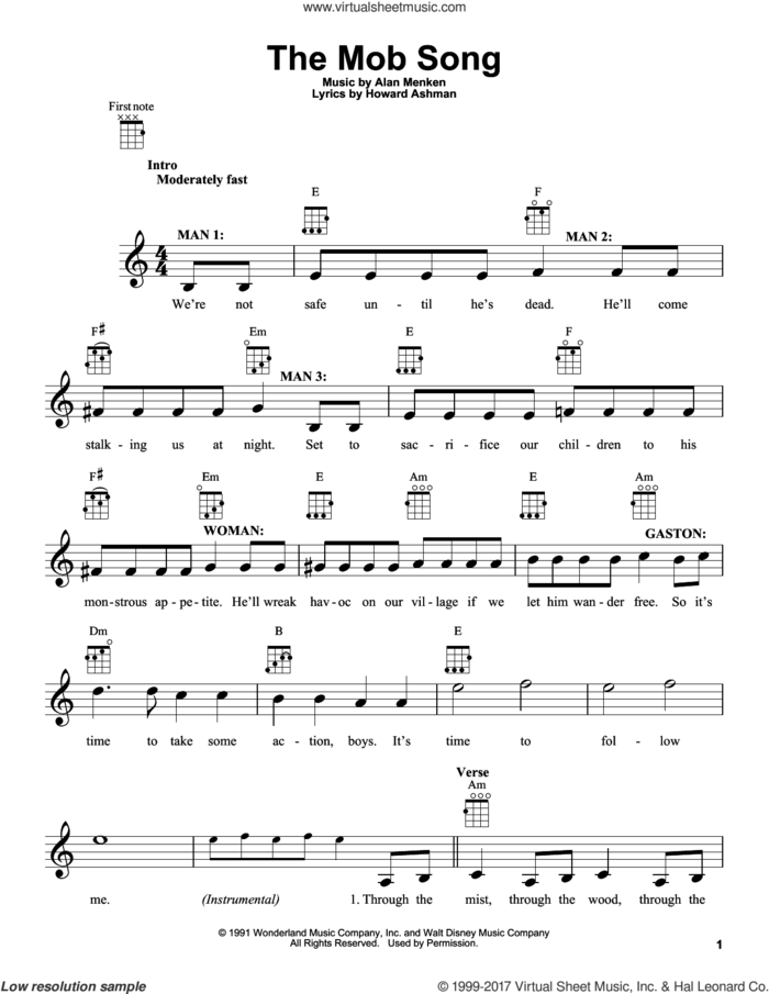The Mob Song (from Beauty And The Beast) sheet music for ukulele by Beauty and the Beast Cast, Tim Rice, Alan Menken and Howard Ashman, intermediate skill level