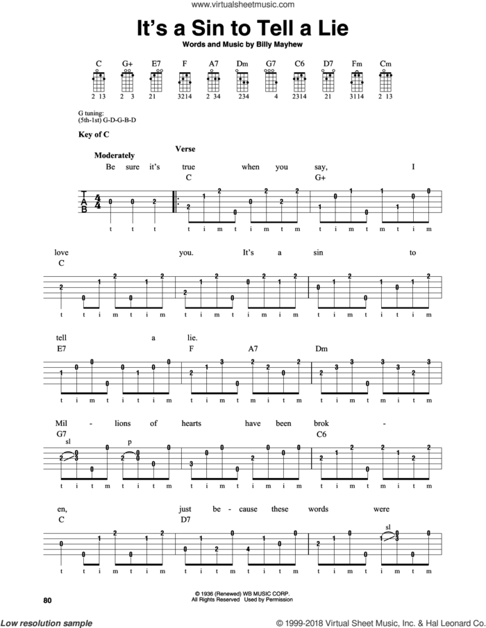 It's A Sin To Tell A Lie sheet music for banjo solo by Billy Mayhew, intermediate skill level