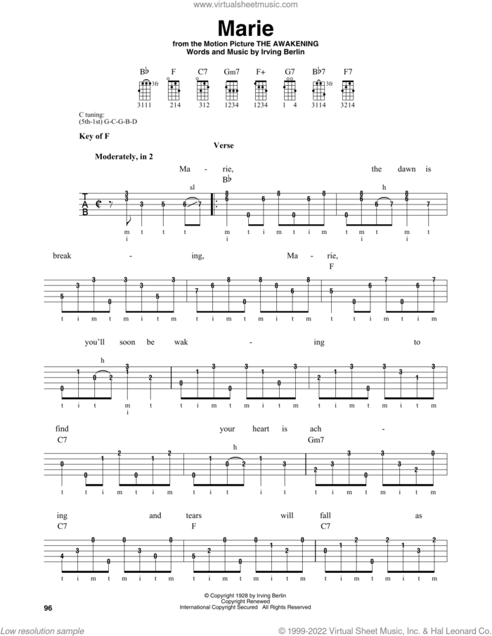 Marie sheet music for banjo solo by Irving Berlin and The Bachelors, intermediate skill level
