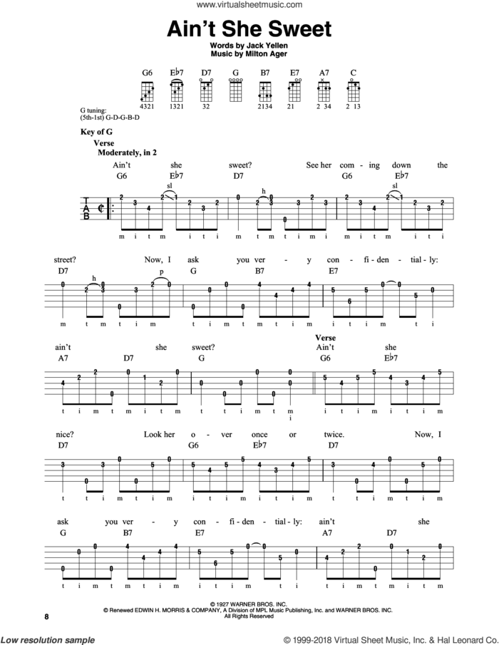 Ain't She Sweet sheet music for banjo solo by The Beatles, Jack Yellen and Milton Ager, intermediate skill level