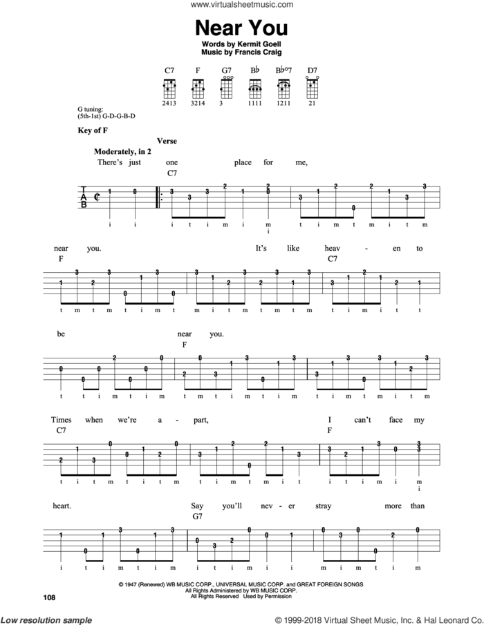 Near You sheet music for banjo solo by Francis Craig and Kermit Goell, intermediate skill level