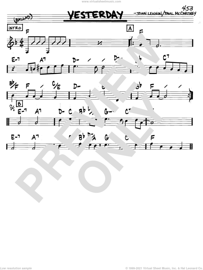 Yesterday sheet music for voice and other instruments (in C) by The Beatles, John Lennon and Paul McCartney, intermediate skill level
