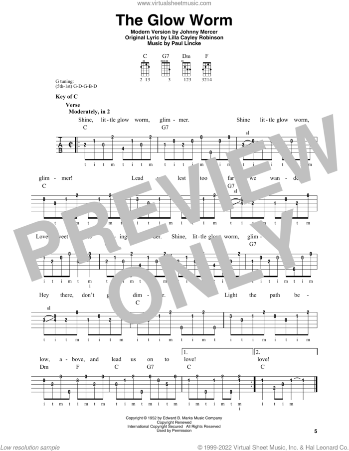 The Glow Worm sheet music for banjo solo by Johnny Mercer, Lilla Cayley Robinson and Paul Lincke, intermediate skill level