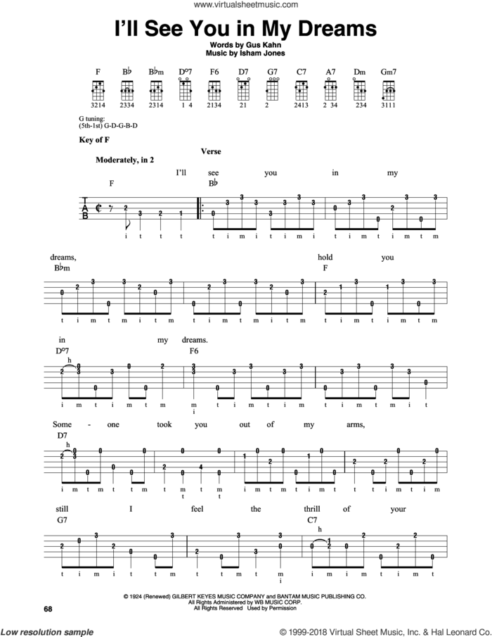 I'll See You In My Dreams sheet music for banjo solo by Isham Jones and Gus Kahn, intermediate skill level