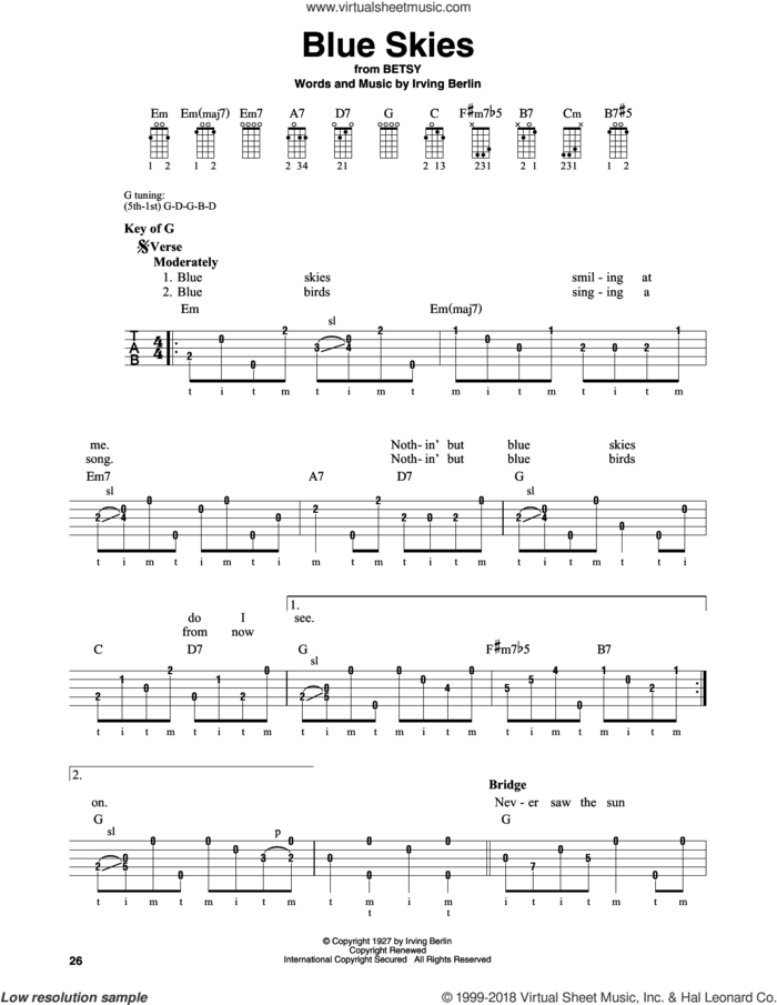 Blue Skies sheet music for banjo solo by Irving Berlin and Willie Nelson, wedding score, intermediate skill level