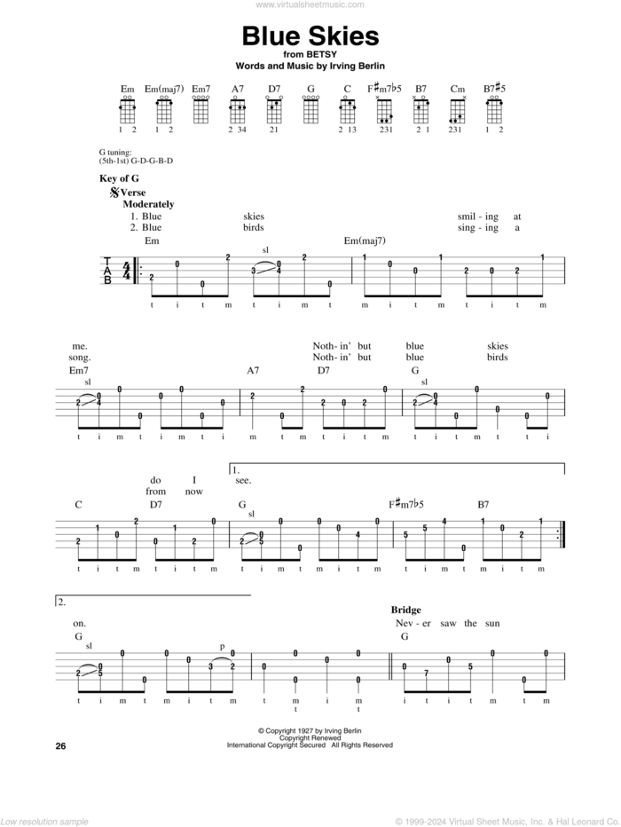 Blue Skies sheet music for banjo solo by Irving Berlin and Willie Nelson, wedding score, intermediate skill level