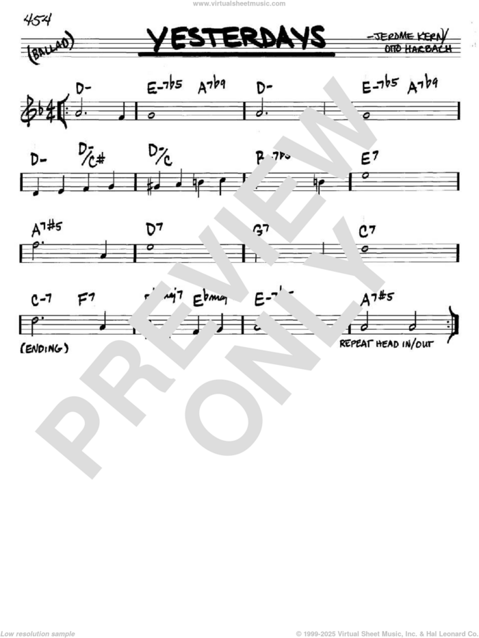 Yesterdays sheet music for voice and other instruments (in C) by Jerome Kern and Otto Harbach, intermediate skill level