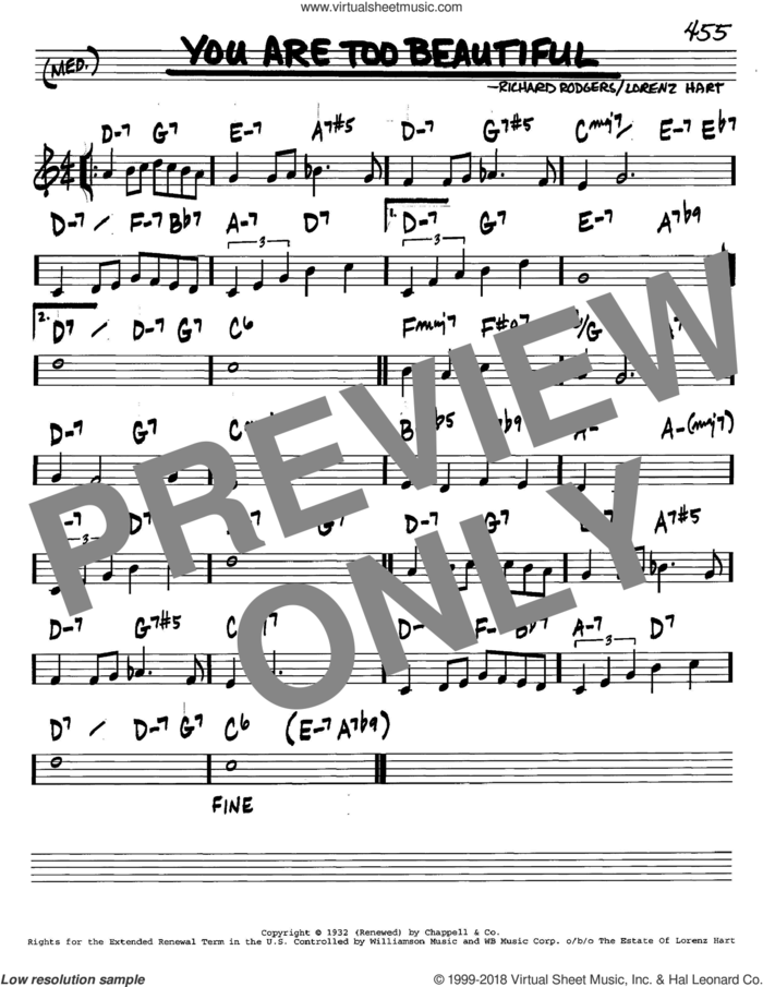 You Are Too Beautiful sheet music for voice and other instruments (in C) by Rodgers & Hart, Lorenz Hart and Richard Rodgers, intermediate skill level