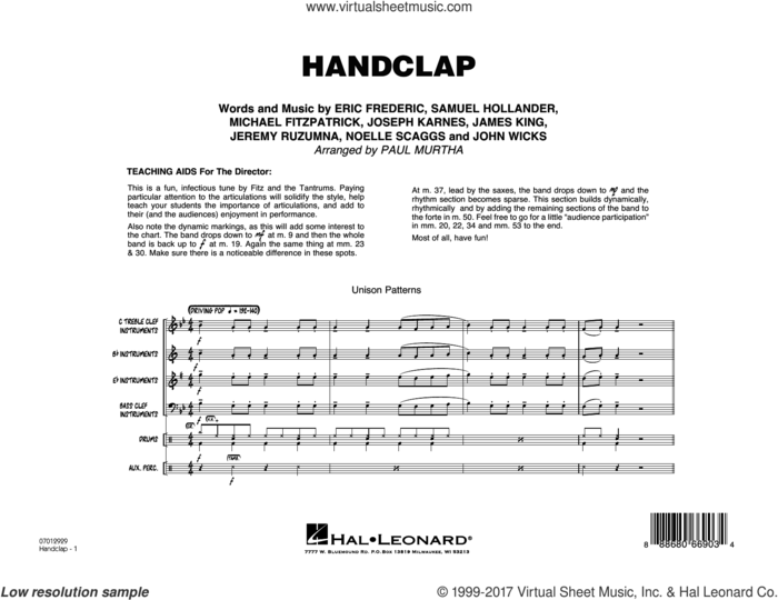 HandClap (COMPLETE) sheet music for jazz band by Paul Murtha, Eric Frederic, Fitz And The Tantrums, James King, Jeremy Ruzumna, John Wicks, Joseph Karnes, Michael Fitzpatrick, Noelle Scaggs and Sam Hollander, intermediate skill level