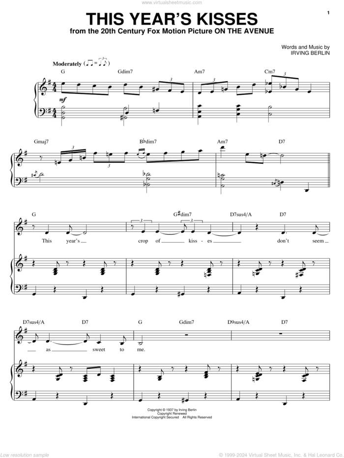 This Year's Kisses sheet music for voice and piano by Billie Holiday and Irving Berlin, intermediate skill level