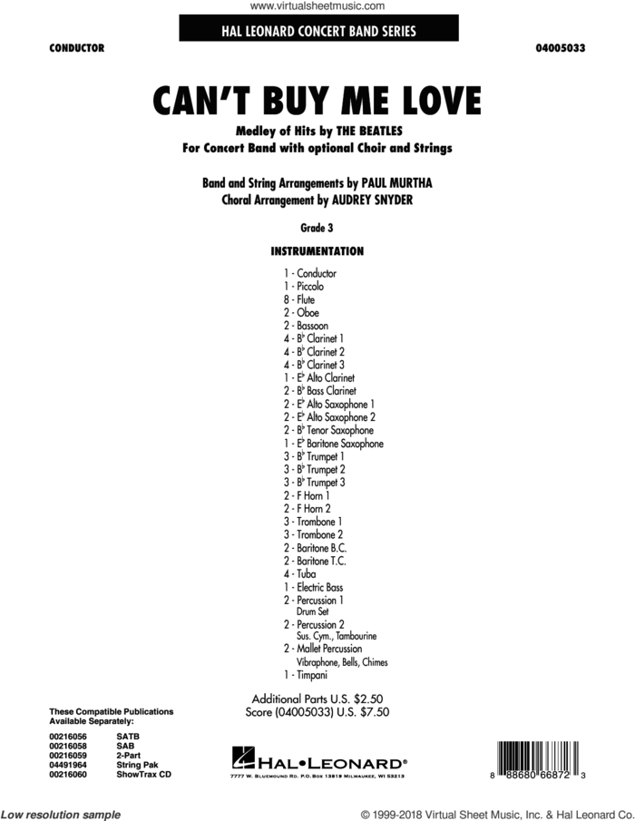 Can't Buy Me Love (COMPLETE) sheet music for concert band by Paul McCartney, Audrey Snyder, Beatles, George Harrison, John Lennon and Paul Murtha, intermediate skill level