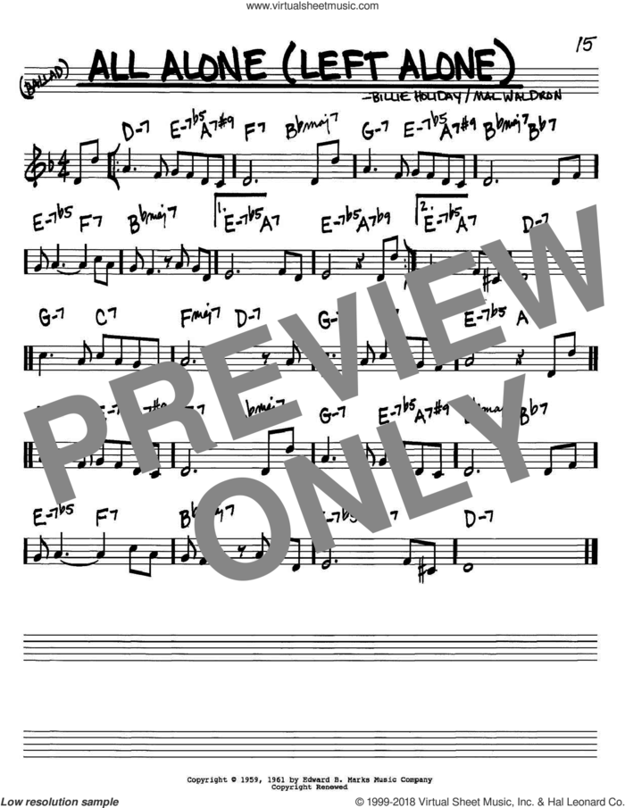 All Alone (Left Alone) sheet music for voice and other instruments (in C) by Billie Holiday and Mal Waldron, intermediate skill level