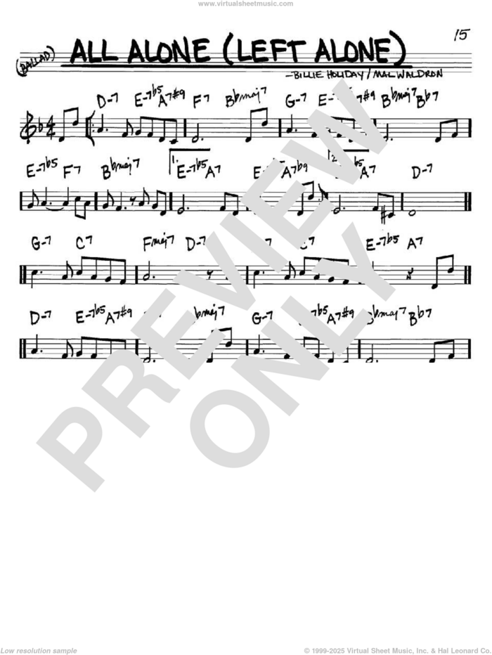 All Alone (Left Alone) sheet music for voice and other instruments (in C) by Billie Holiday and Mal Waldron, intermediate skill level