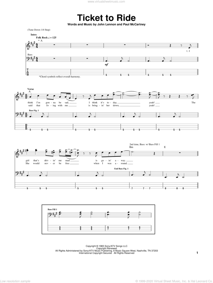 Ticket To Ride sheet music for bass (tablature) (bass guitar) by The Beatles, John Lennon and Paul McCartney, intermediate skill level