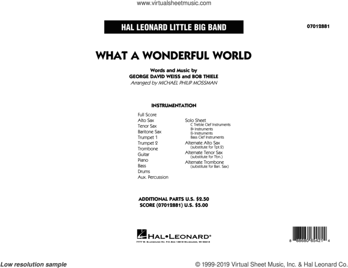 What A Wonderful World Dl sheet music for jazz band (full score) by George David Weiss, Michael Philip Mossman, Louis Armstrong and Bob Thiele, intermediate skill level