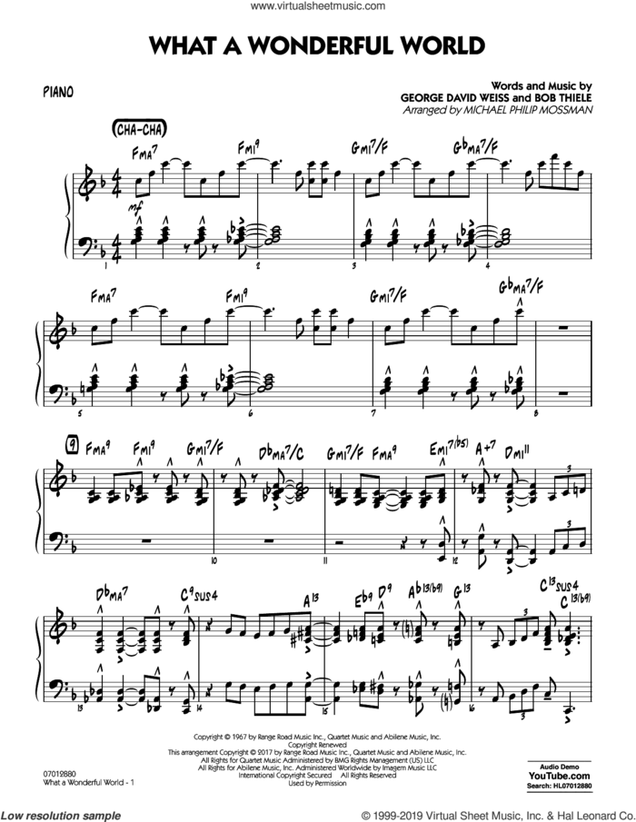 What A Wonderful World Dl sheet music for jazz band (piano) by George David Weiss, Michael Philip Mossman, Louis Armstrong and Bob Thiele, intermediate skill level