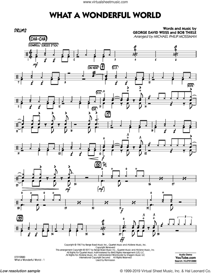 What A Wonderful World Dl sheet music for jazz band (drums) by George David Weiss, Michael Philip Mossman, Louis Armstrong and Bob Thiele, intermediate skill level