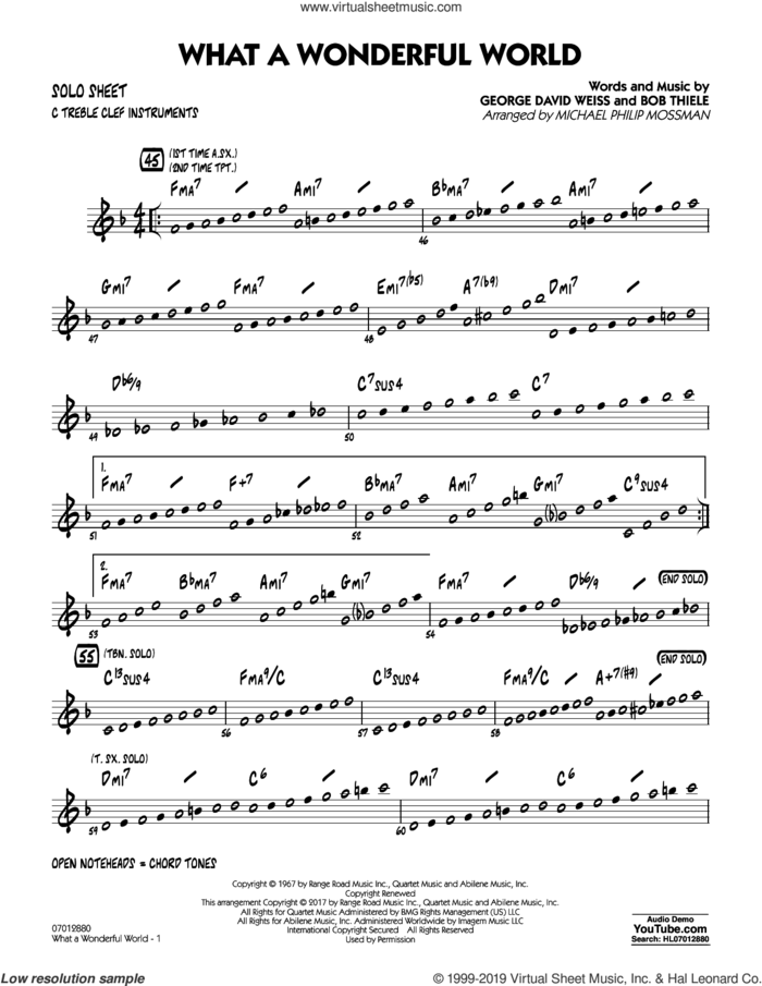 What A Wonderful World Dl sheet music for jazz band (c solo sheet) by George David Weiss, Michael Philip Mossman, Louis Armstrong and Bob Thiele, intermediate jazz band (c sheet)