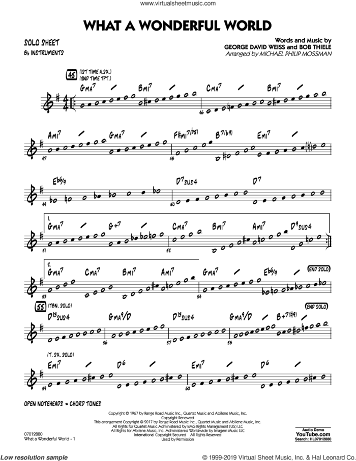 What A Wonderful World Dl sheet music for jazz band (Bb solo sheet) by George David Weiss, Michael Philip Mossman, Louis Armstrong and Bob Thiele, intermediate jazz band (Bb sheet)