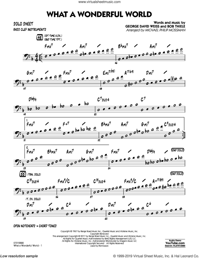 What A Wonderful World Dl sheet music for jazz band (bass clef solo sheet) by George David Weiss, Michael Philip Mossman, Louis Armstrong and Bob Thiele, intermediate jazz band (bass clef sheet)