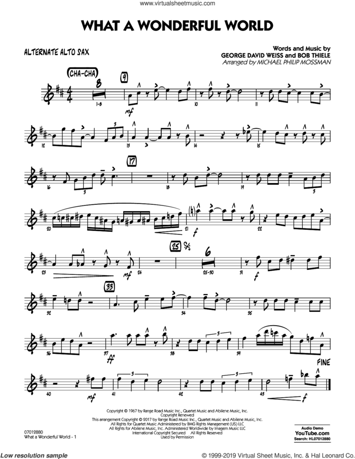 What A Wonderful World Dl sheet music for jazz band (alternate alto sax) by George David Weiss, Michael Philip Mossman, Louis Armstrong and Bob Thiele, intermediate skill level