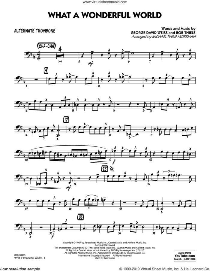 What A Wonderful World Dl sheet music for jazz band (alternate trombone) by George David Weiss, Michael Philip Mossman, Louis Armstrong and Bob Thiele, intermediate skill level