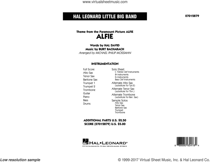 Alfie (COMPLETE) sheet music for jazz band by Stevie Wonder, Burt Bacharach, Cher, Dionne Warwick, Hal David, Michael Philip Mossman and Sonny Rollins, intermediate skill level