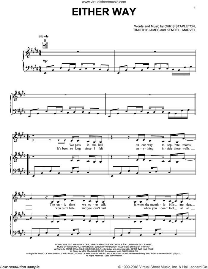 Either Way sheet music for voice, piano or guitar by Chris Stapleton, Kendall Marvel and Tim James, intermediate skill level