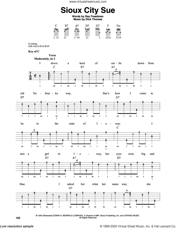 Sioux City Sue sheet music for banjo solo by Dick Thomas and Ray Freedman, intermediate skill level