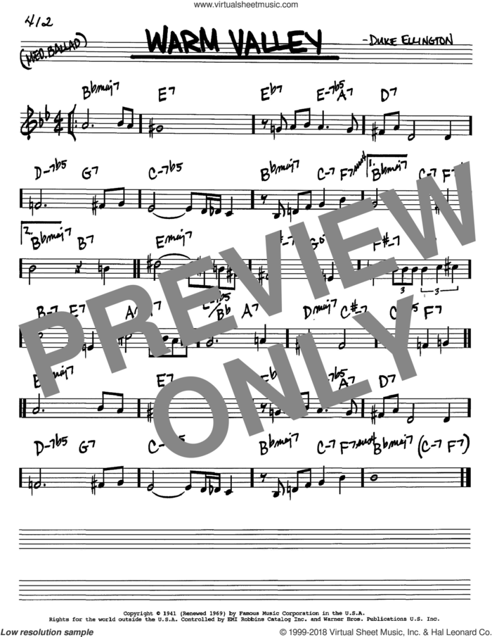 Warm Valley sheet music for voice and other instruments (in C) by Duke Ellington, intermediate skill level