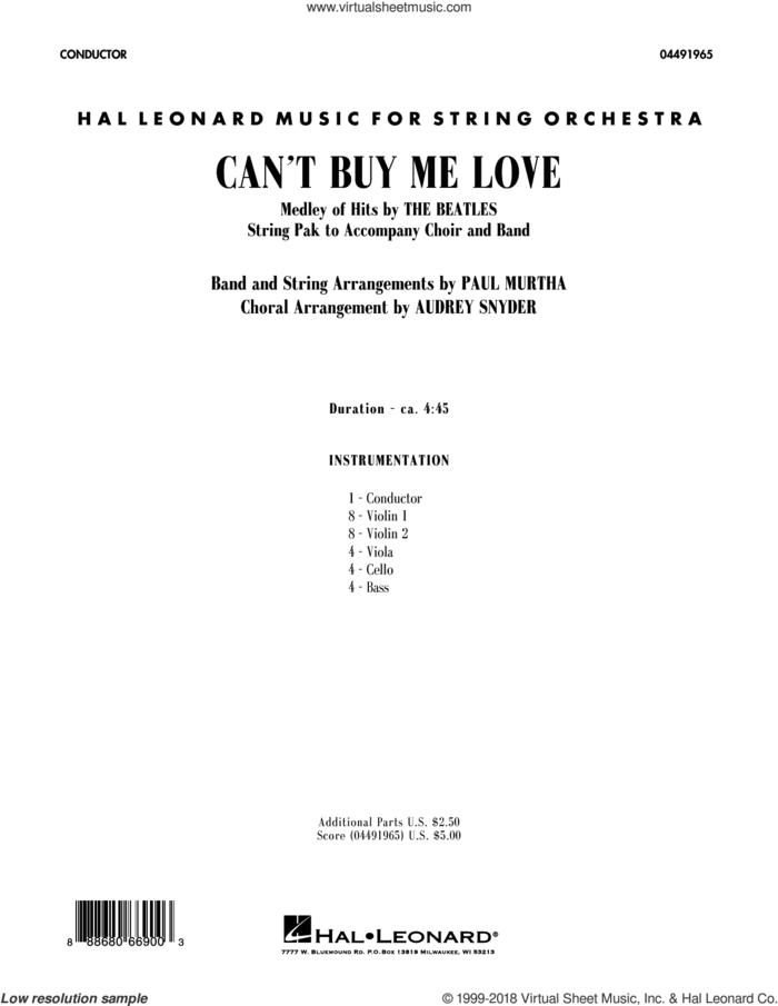 Can't Buy Me Love (COMPLETE) sheet music for orchestra (Strings) by Paul McCartney, Audrey Snyder, Beatles, George Harrison, John Lennon and Paul Murtha, intermediate skill level