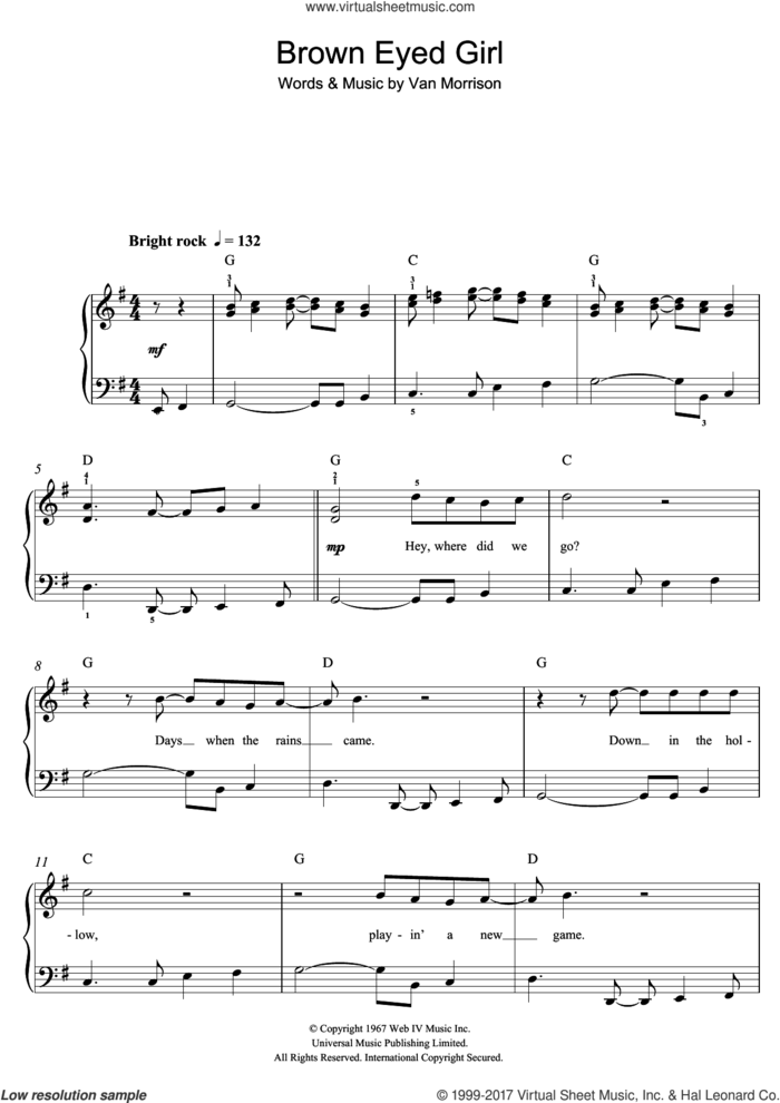 Brown Eyed Girl sheet music for piano solo (beginners) by Van Morrison, beginner piano (beginners)