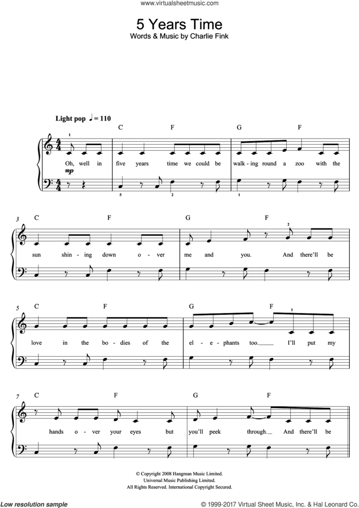 5 Years Time sheet music for piano solo (beginners) by Noah And The Whale and Charlie Fink, beginner piano (beginners)