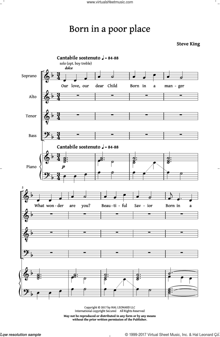 Born In A Poor Place sheet music for choir (SATB: soprano, alto, tenor, bass) by Steve King, intermediate skill level