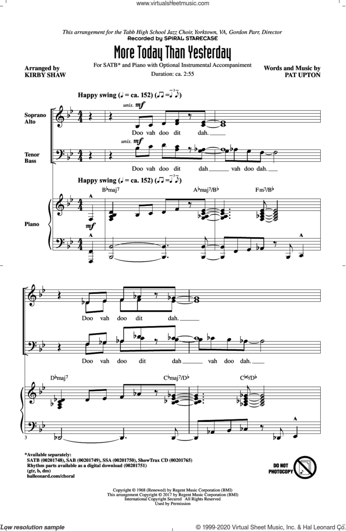 More Today Than Yesterday sheet music for choir (SATB: soprano, alto, tenor, bass) by Kirby Shaw, Spiral Starecase and Pat Upton, intermediate skill level